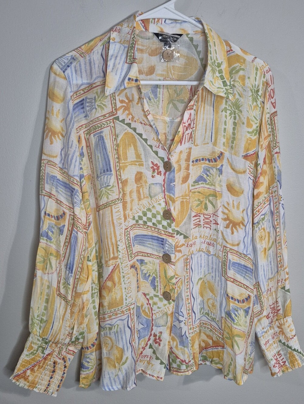 UNIQUE SPECTRUM Colorful  Print Button-Up Blouse in Yellow & Blue size XL